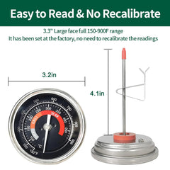 Upgrade Replacement Thermometer for Big Green Egg,3.3" Grill Temperature Gauge for Big Green Egg Accessories 150-900°F with Waterproof and No-Fog Glass Lens