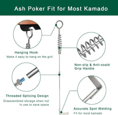 18” BBQ Ash Removal Tool and Ash Pan for Big Green Egg Accessories, Stainless Steel Ash Tool Poker for BGE Primo and Other Charcoal Kamado Stove(AT+AP)