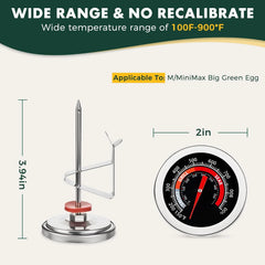 Thermometer Replacement for Big Green Egg, BGE Temperature Gauge for Big Green Egg,Grill Dome, Char-Griller Kamado, Stainless Steel 150-900°F with No-Fog Glass Lens (2" for BGE)