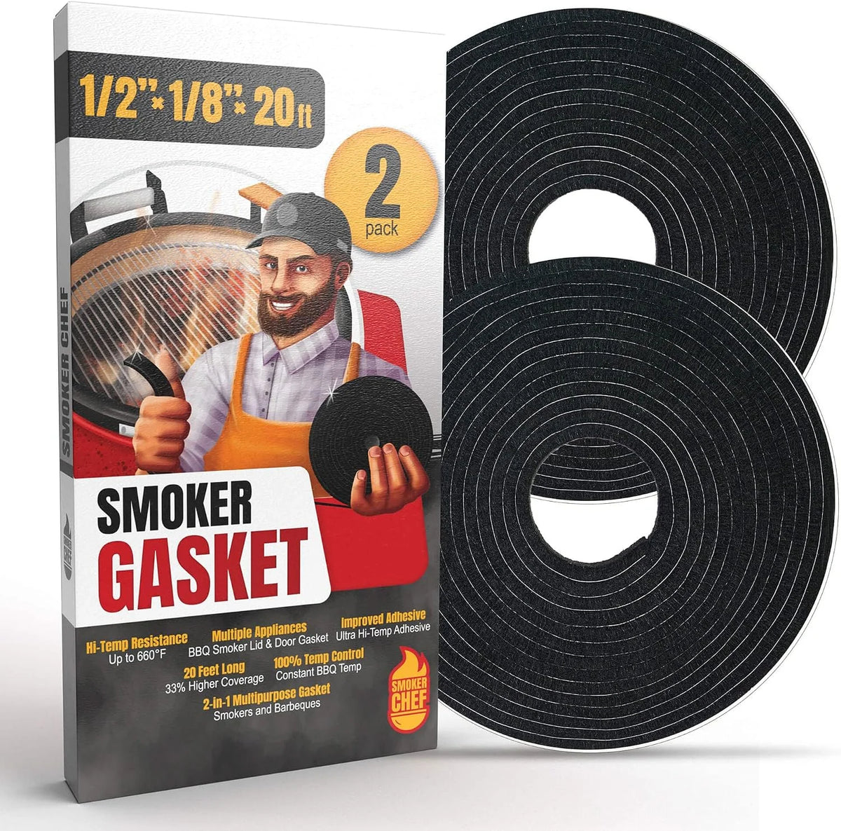 XXL 20 FT Grill Gasket for Smokers - Black 1/2’’ x 1/8’’ Hi Temp Seal Smoker Gasket – 2-Pack x 10 FT Self Stick Black Nomex Fire Tape for BBQ Lid – High Heat Temperature Material Replace