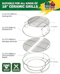 BBQ Expander Rack Kit, Large Green Egg Grill Accessories - BGE Kamado Grill Parts Includes 2-Piece Multi-Function Rack, 1-Piece Conveggtor Basket, 2 Half-Moon Cooking Grids, Heavy-Duty Stainless Steel