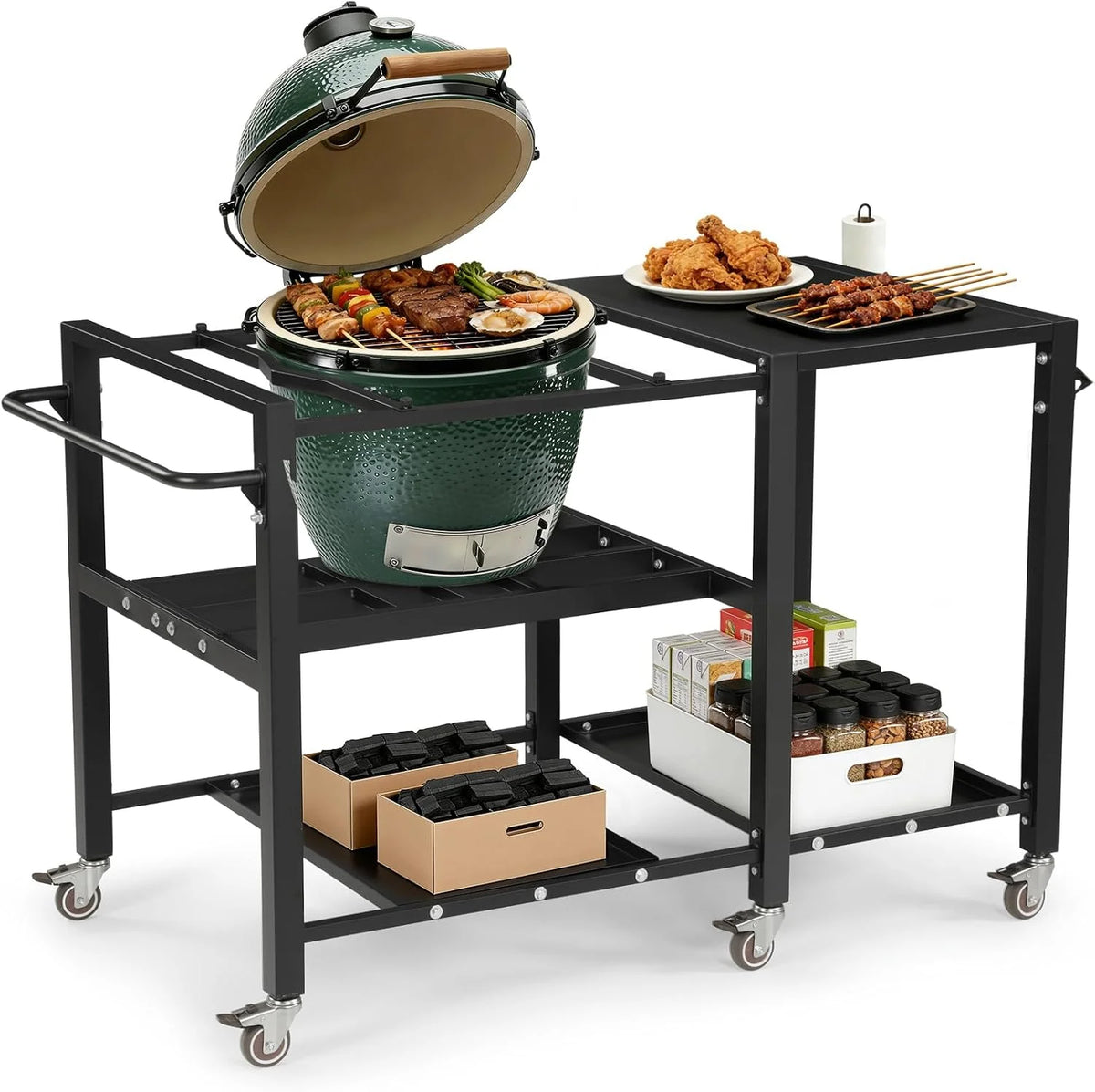 Outdoor Grill Table for Big Green Egg, BBQ Cart with Lockable Wheels