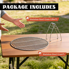 Stainless Steel Grill Grate 15.5" for Medium Big Green Egg with Grate Lifter Tool Set, Heavy Duty Round Wire Cooking Grate Replacement, Grill Gripper for Kitchen, Outdoor, and Various Grilles